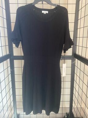 Calvin Klein Black Ribbed Knit Sweater Dress with Ruffle Sleeves